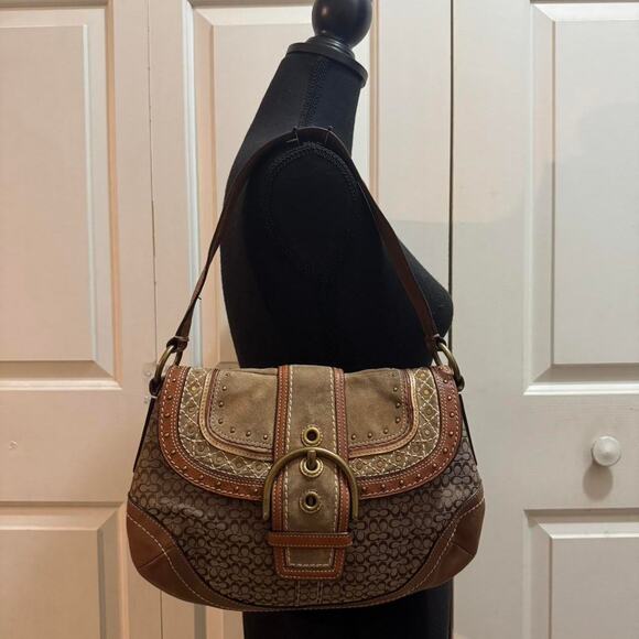 Coach Signature Buckle Flap Shoulder Bag Jacquard Leather Studded Boho Y2K - Picture 6 of 7